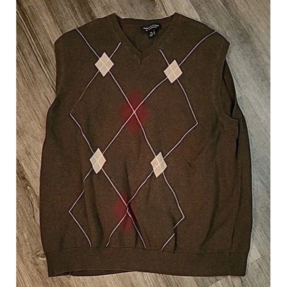 Roundtree & York Sweater Vest Mens XL Brown Argyle Preppy Academic Grandpa